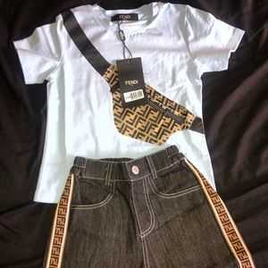 Brand name shorts outfit. Size 6-7. Color blue shirt and black jean shorts